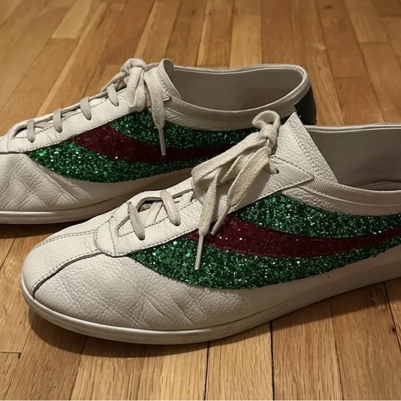 GUCCI Falacer sneaker Web glitter white leather bee - Picture 4 of 7